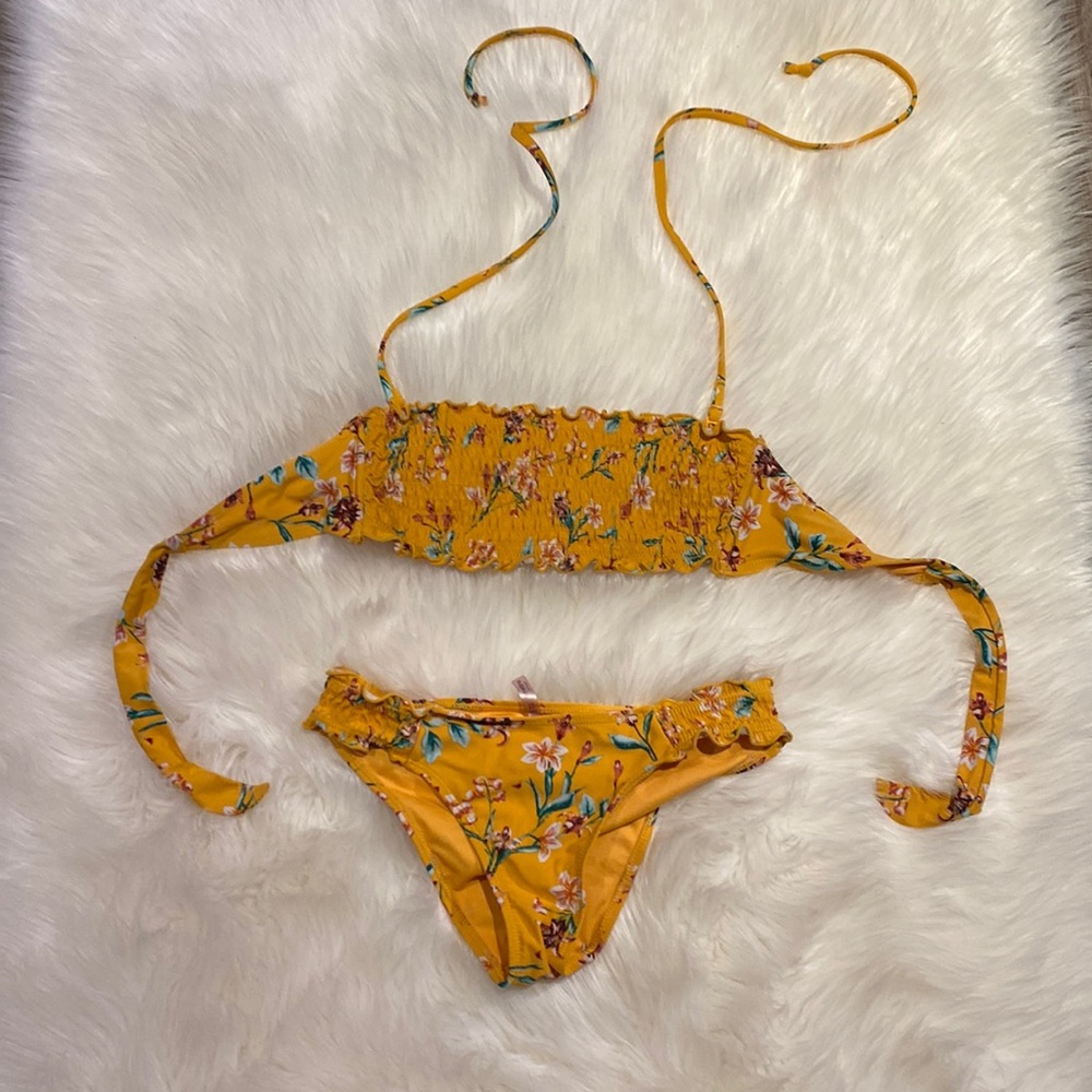 Ardene Bandeau Bikini Yellow Floral Print Women’s Size Small Removable Strap